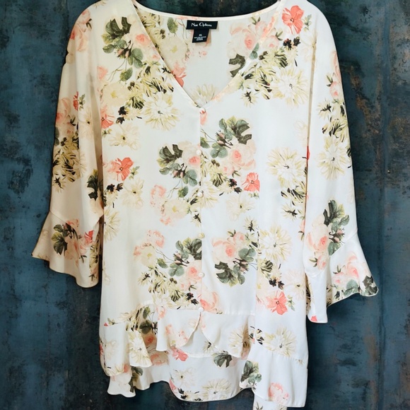 NUE OPTIONS Women’s Flowy Cream Floral Ruffle Hi-Lo Hem Top Size XL NWOT - Picture 1 of 6